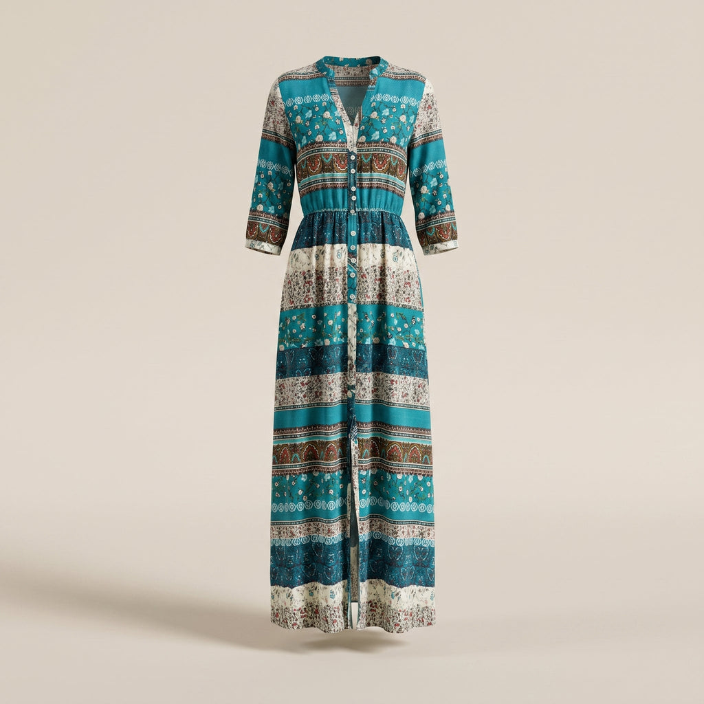 Button front V-neck maxi dress on an invisible mannequin