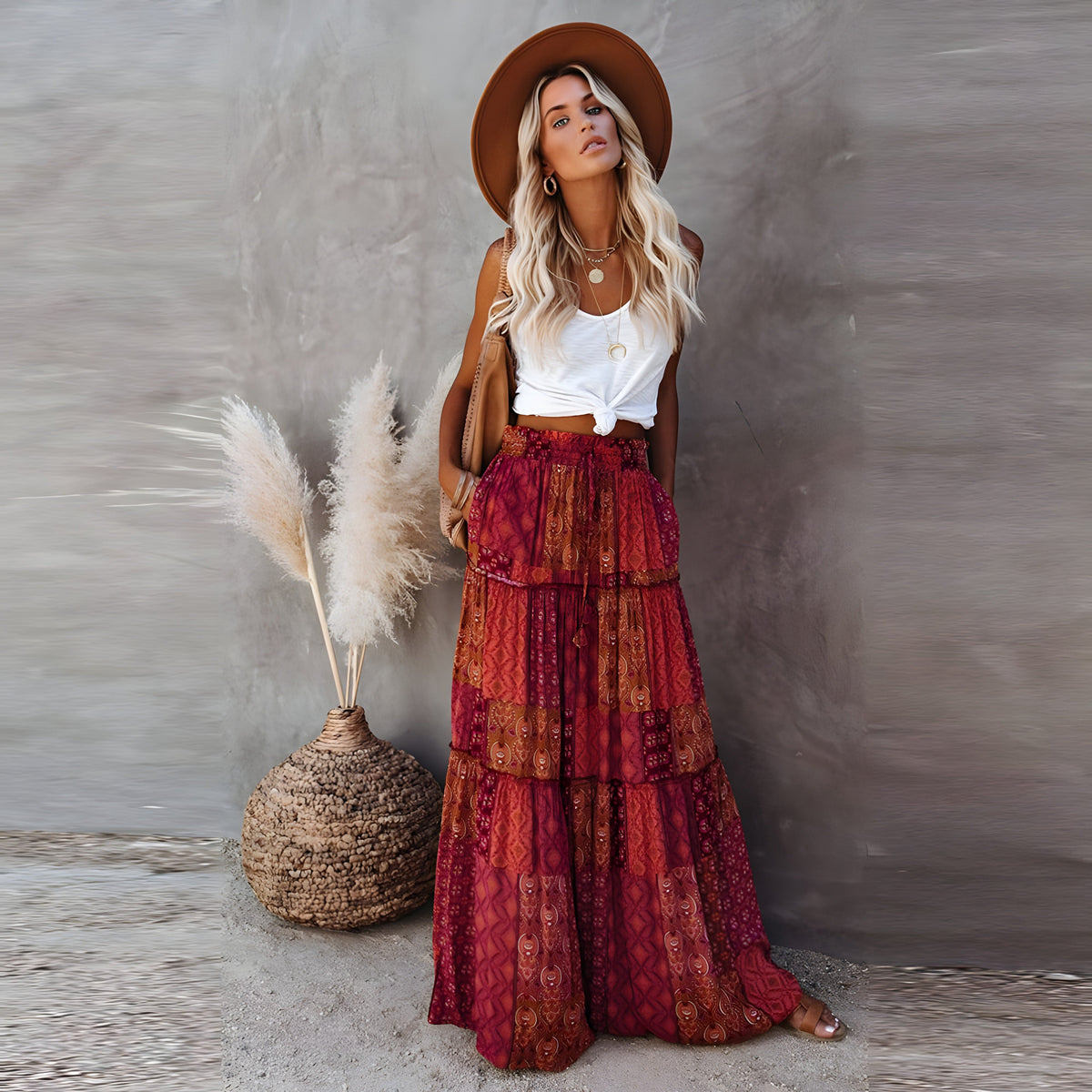 Red patchwork boho skirt with smocked waist and tiered ruffles