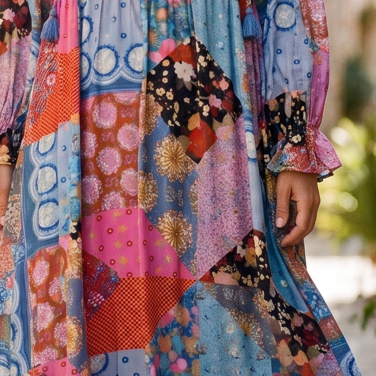 Close-up of the multicolor floral patchwork print on the dress