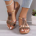 Brown boho hippie sandals worn with rhinestones and beads