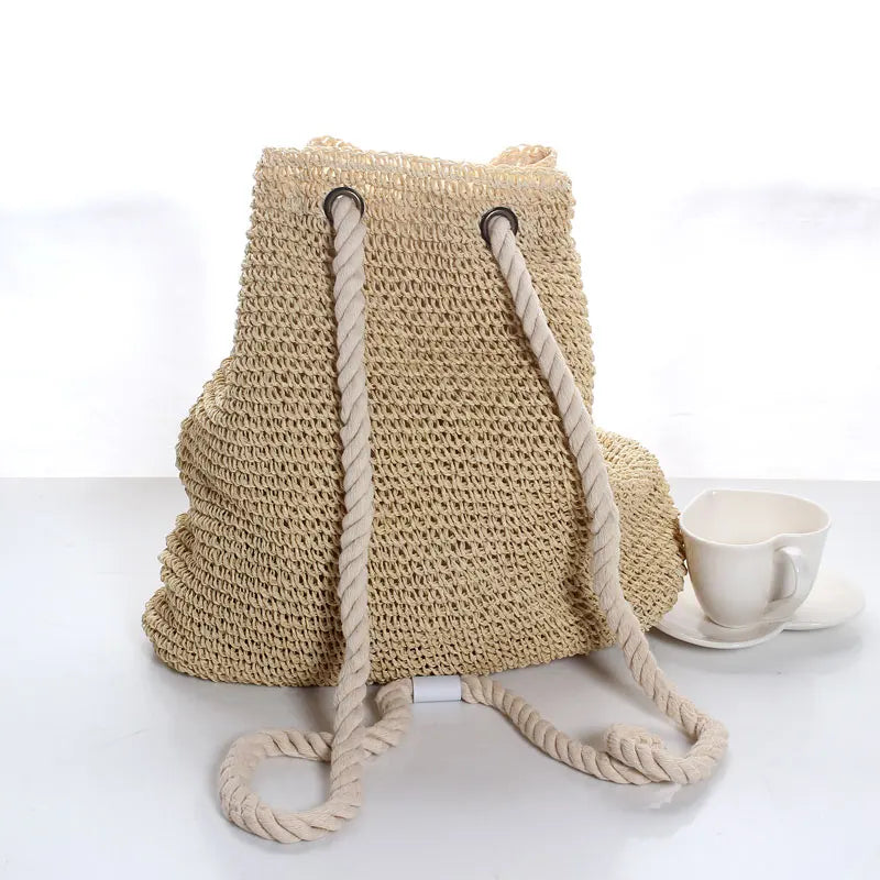 Woven Straw Hippie Backpack, Bucket Style