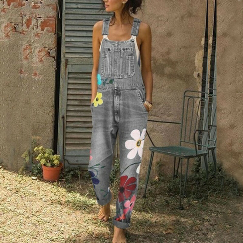 Boho Jumpsuit Overall mit Blumenprint aus Denim