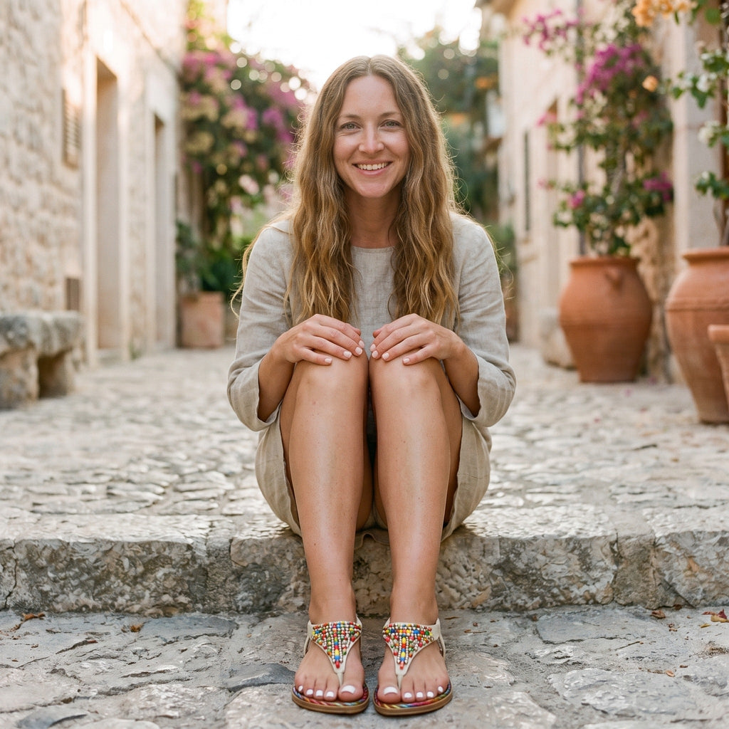 Beige platte sandalen met kralen in een zonnige steeg