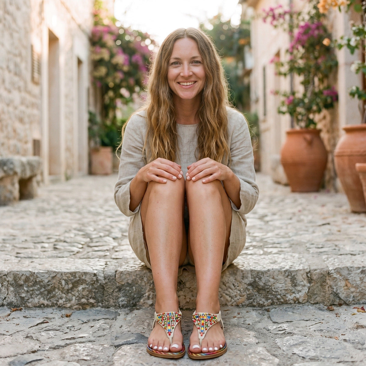 Beige platte sandalen met kralen in een zonnige steeg