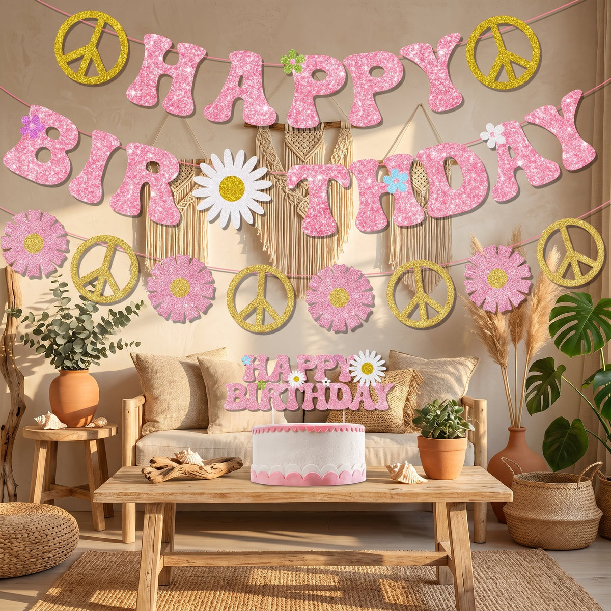 Birthday garlands and cake topper staged in a boho interior