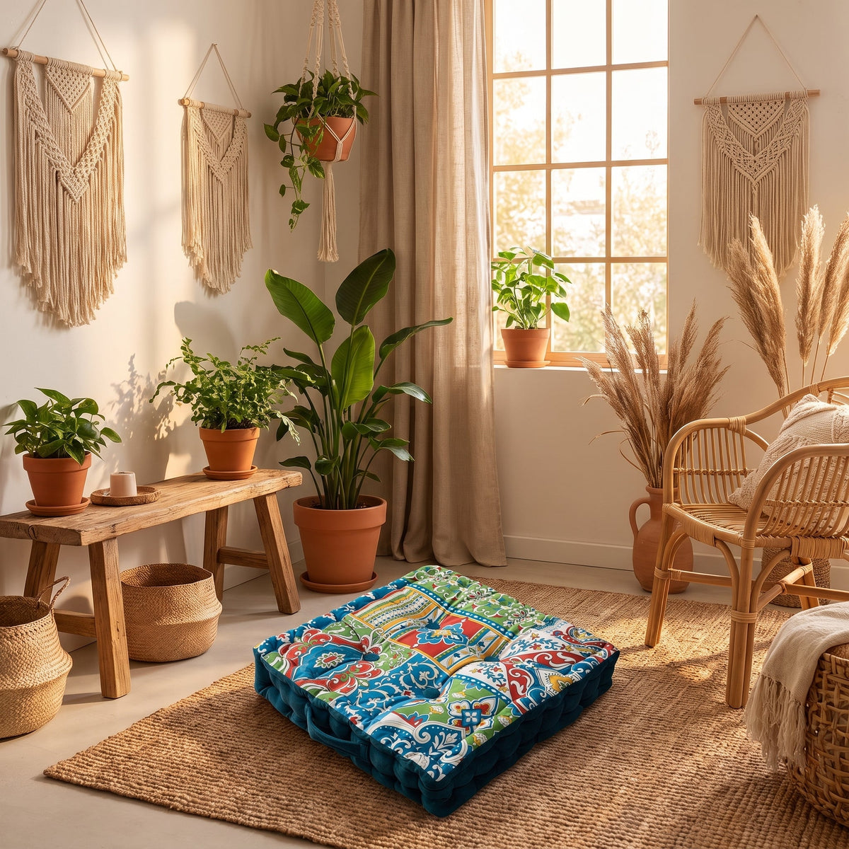 Round mandala floor cushion set in a cozy reading corner