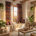 Multicolor patchwork boho curtains hung at a window