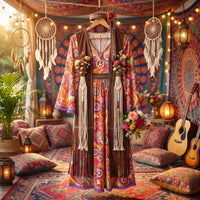 Long fringe hippie costume dress worn in a festival scene