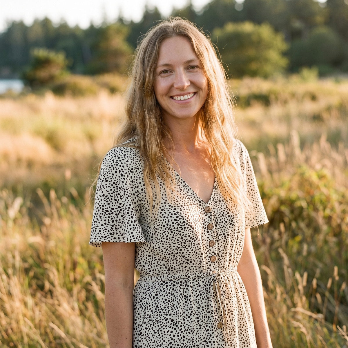 Smiling model wearing the speckled print hippie dress
