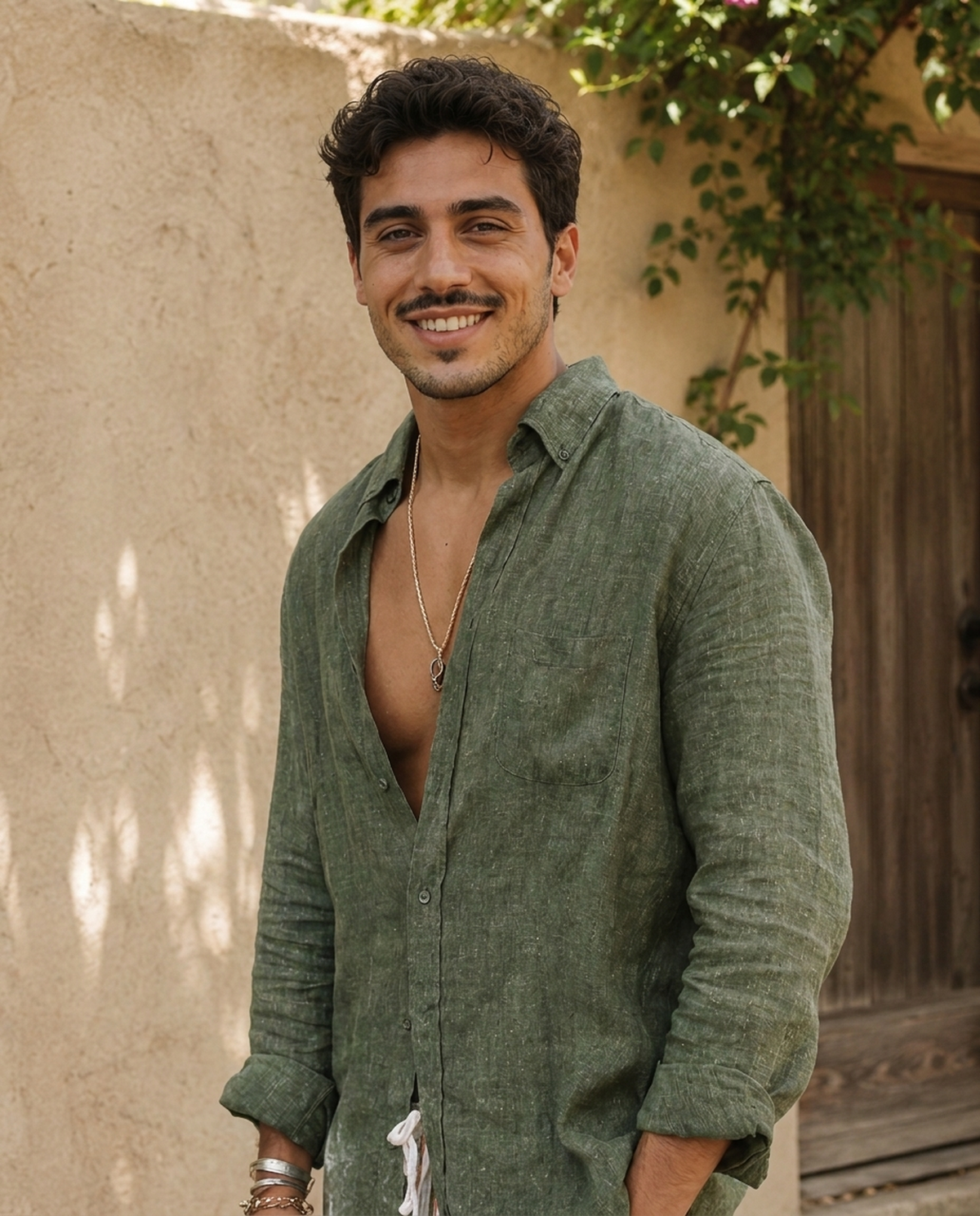 Khaki linen hippie shirt worn by a smiling model outdoors