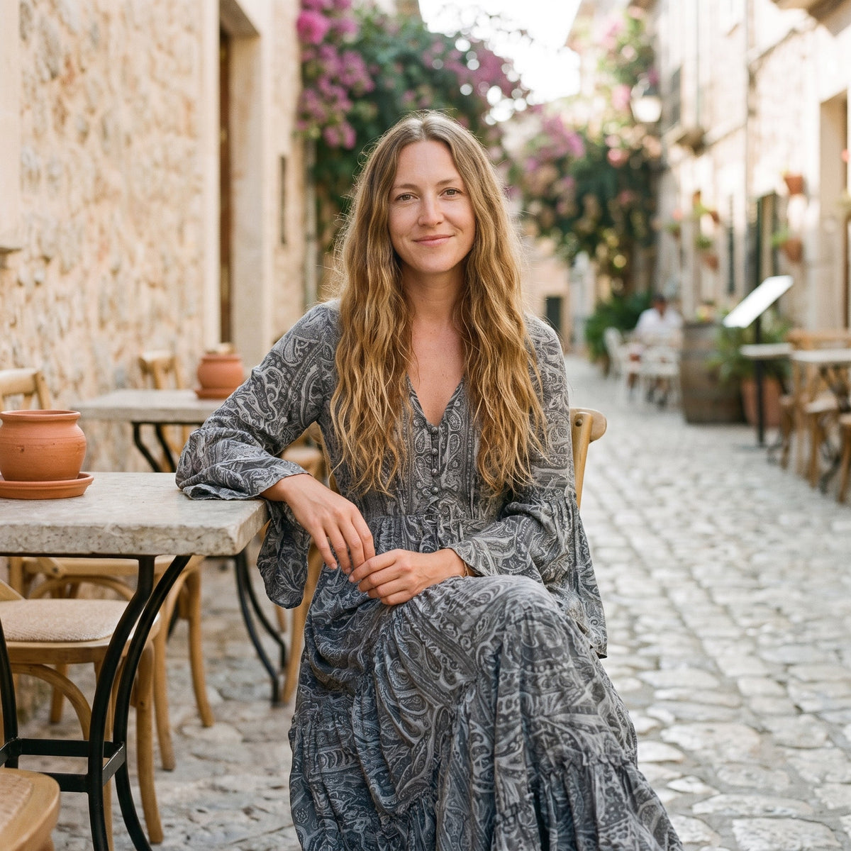 Model on a terrace in the gray paisley dress, lifestyle setting