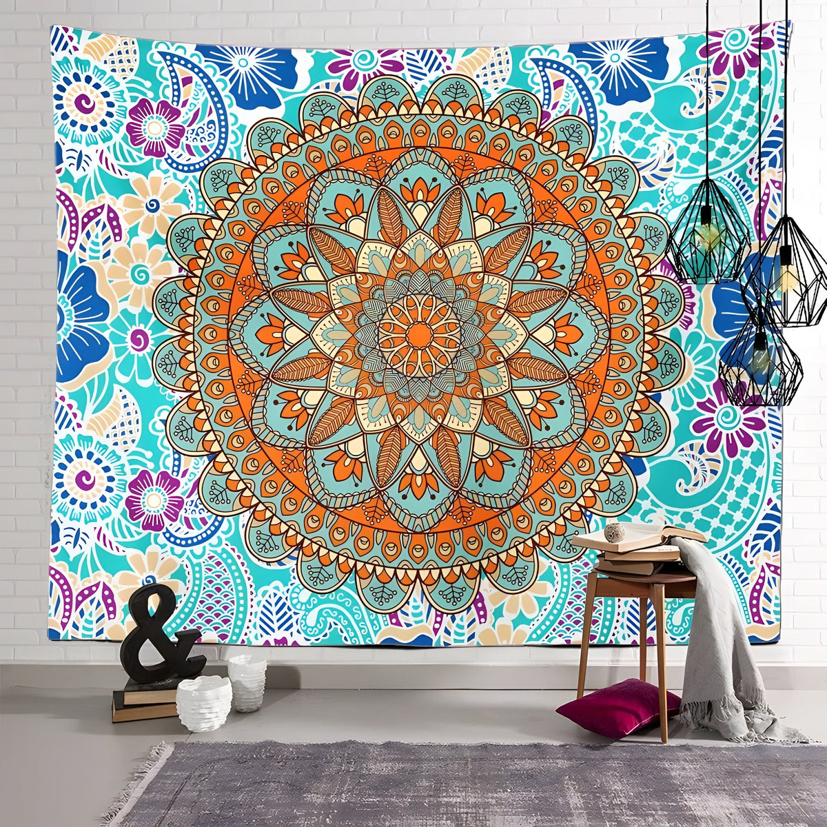 Mandala wall tapestry hanging on a boho wall