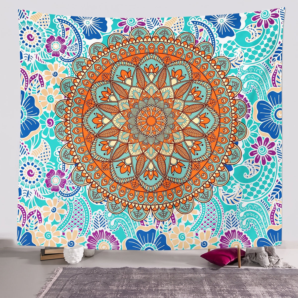 Turquoise and orange Flower of Life mandala, full pattern