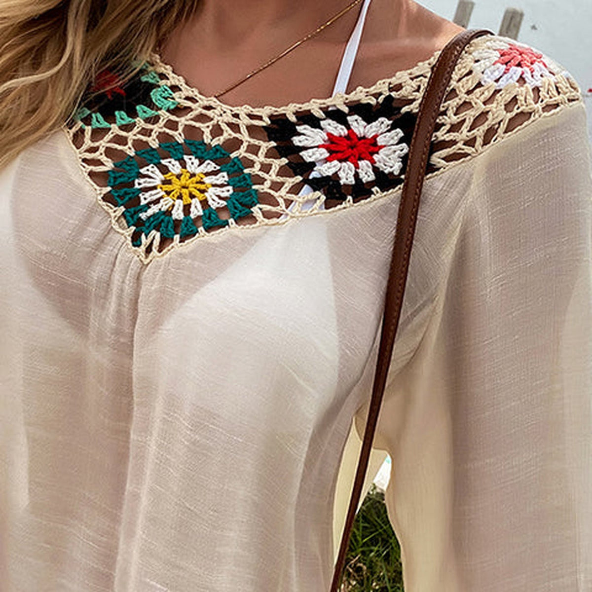 Close-up of the multicolor granny square crochet panels