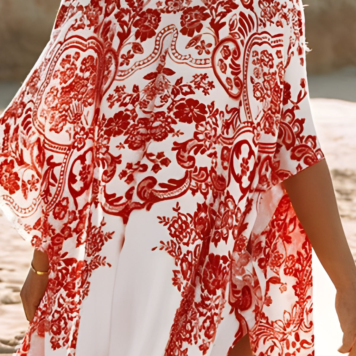 Close-up of the porcelain floral print on the kimono