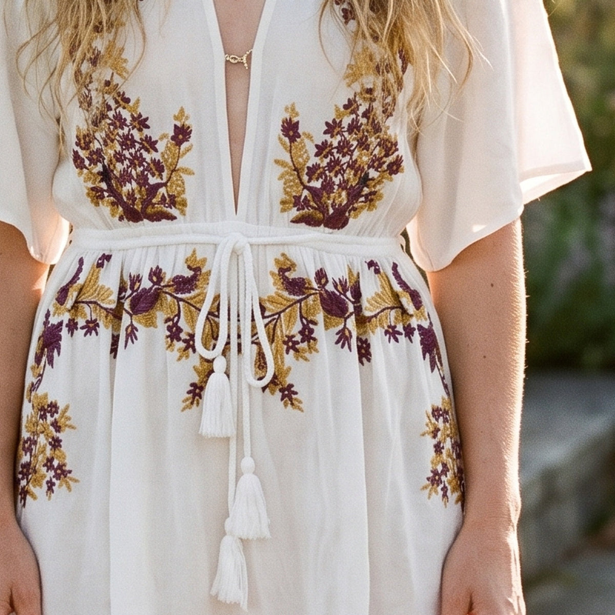Close-up of the ochre and plum floral embroidery on the tunic
