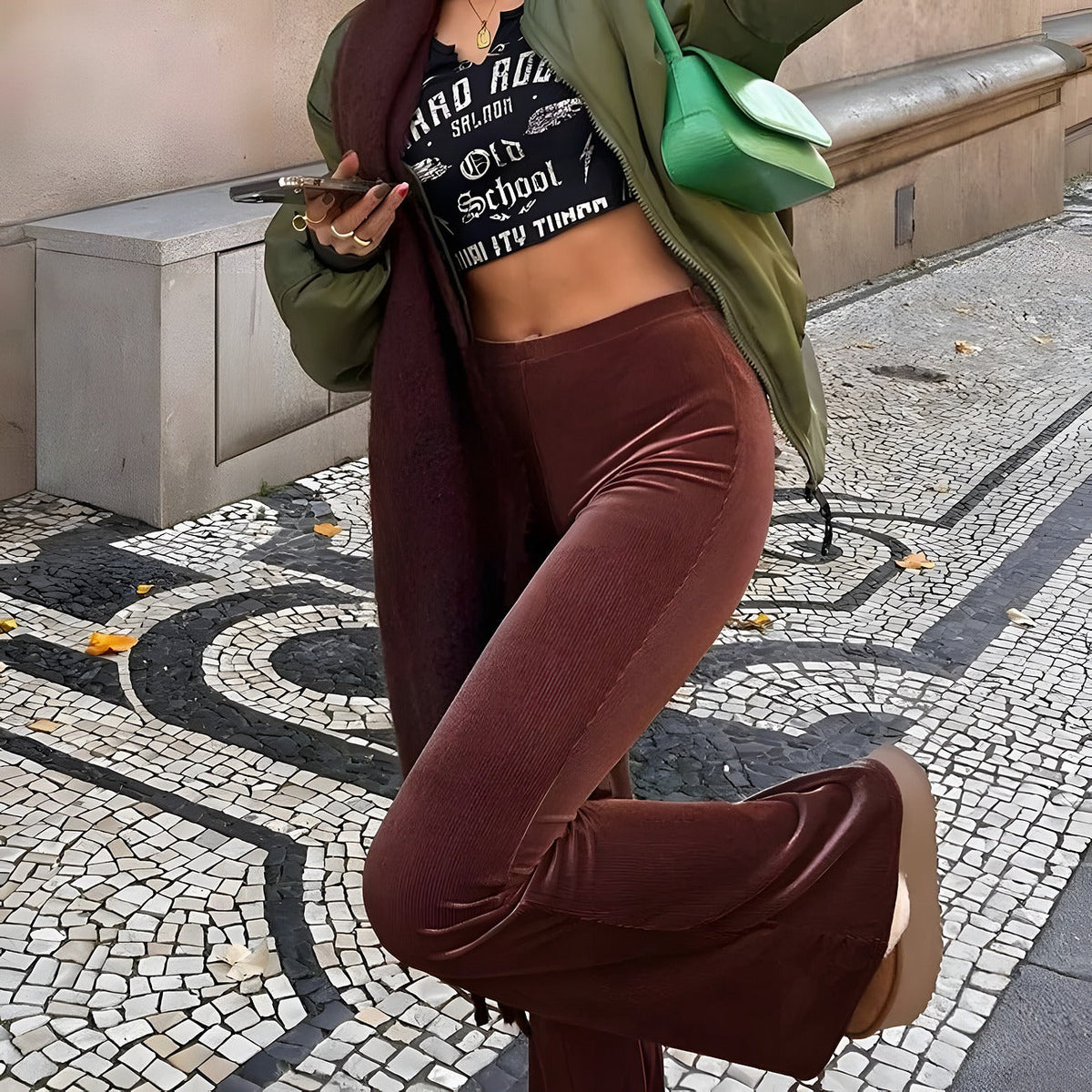 Sixties-inspired flared trousers seen from the front, full length
