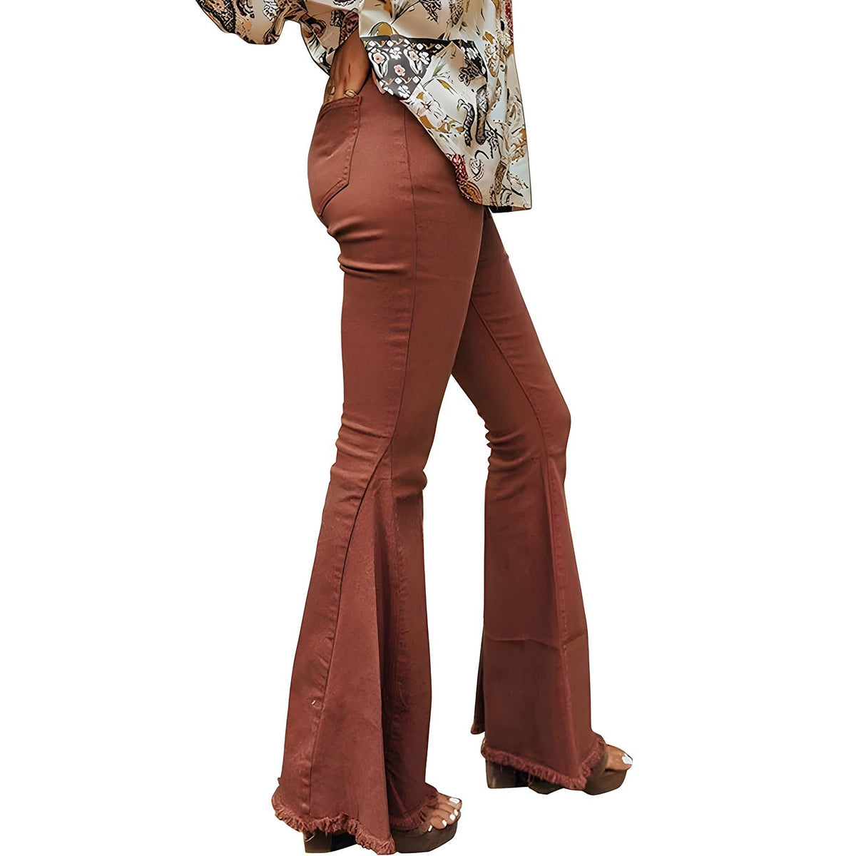 Full-length view of the brown flared denim jeans