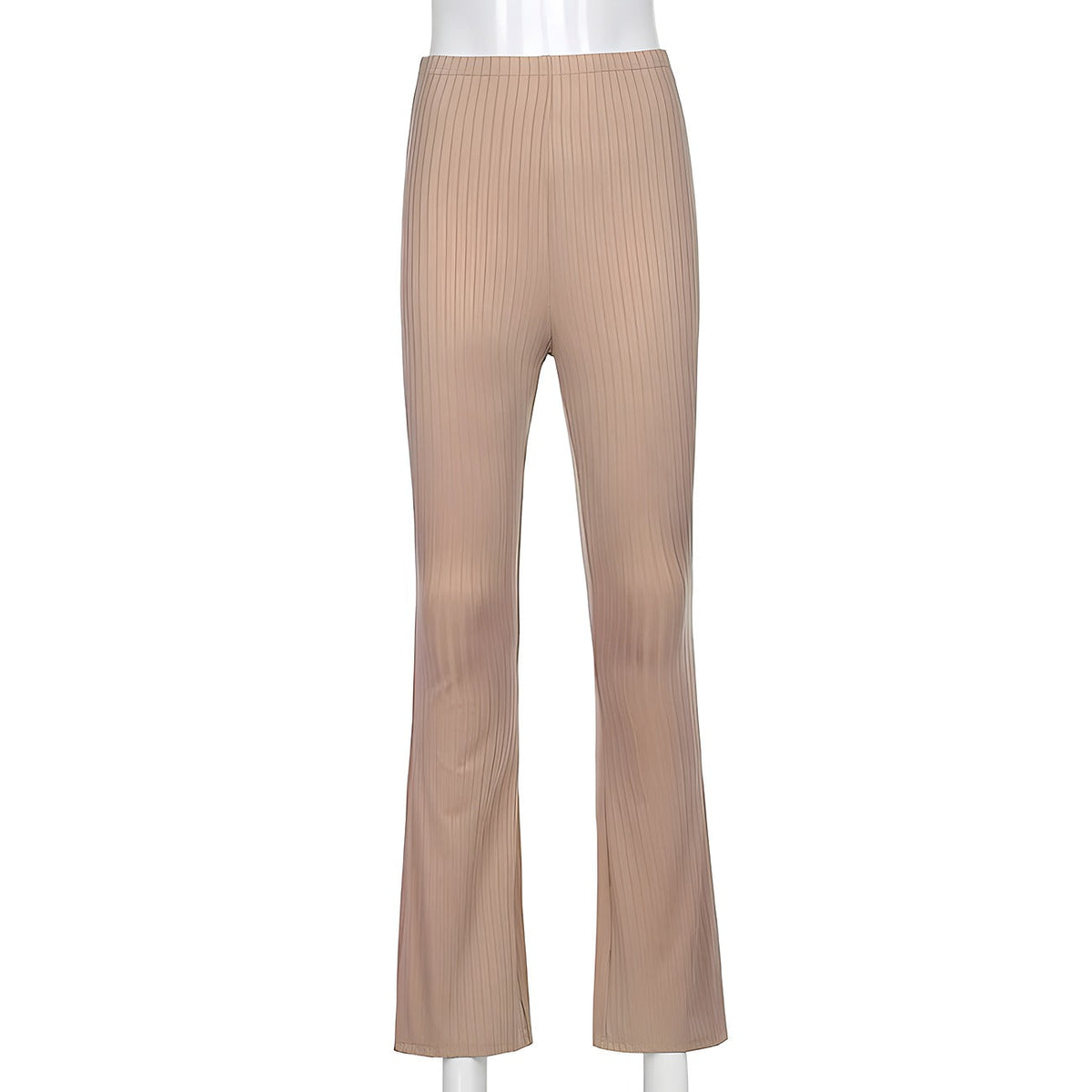 Side view showing the high waist of the beige pants