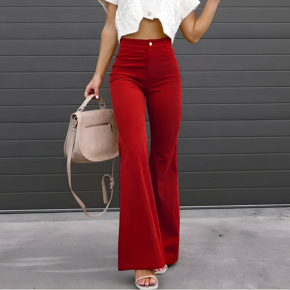 Red flared pants in a bold seventies silhouette