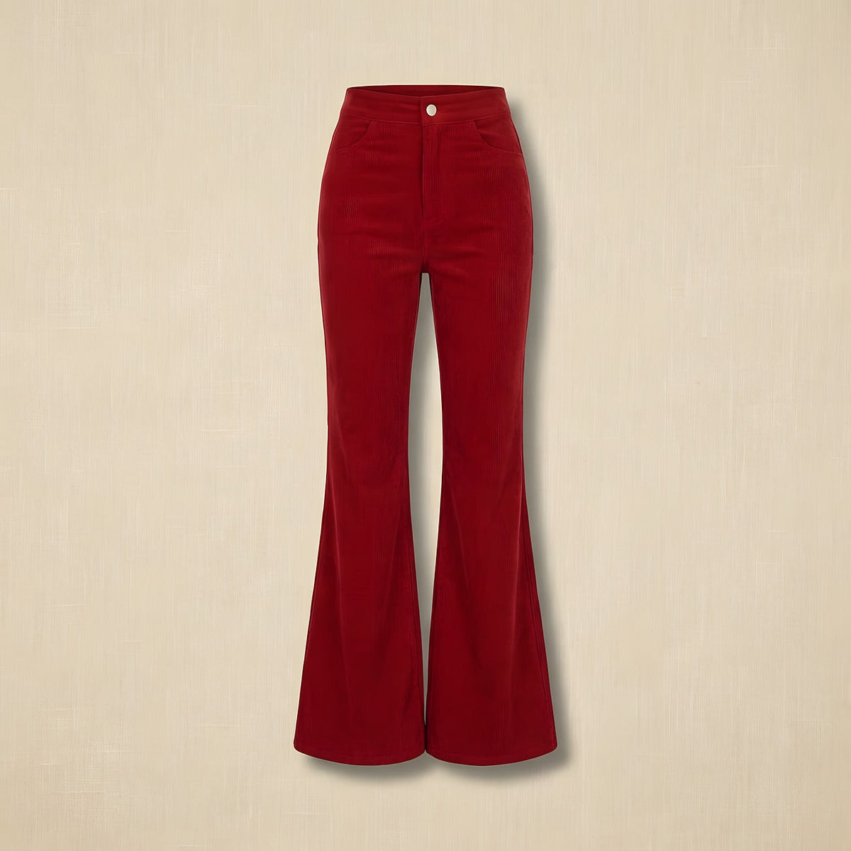 Red seventies flared pants shown on an invisible mannequin