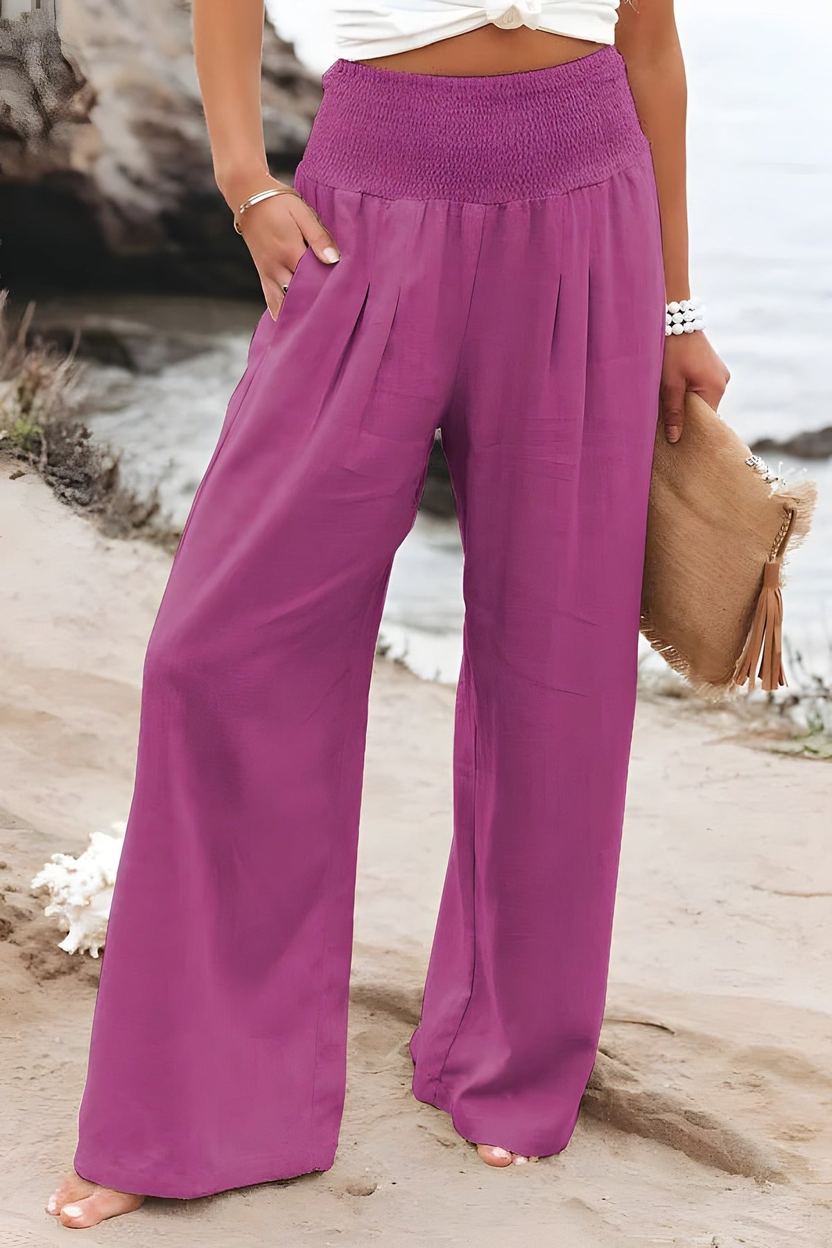 Women's bell bottom joggers falling in soft, fluid lines