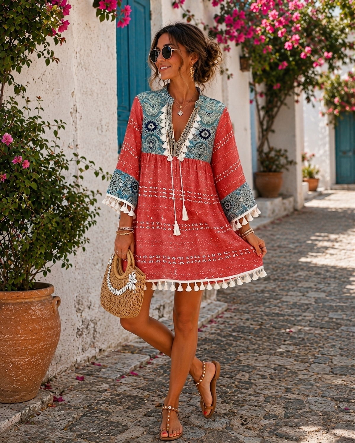 Smiling model wearing the boho pompom dress in a Mediterranean alley