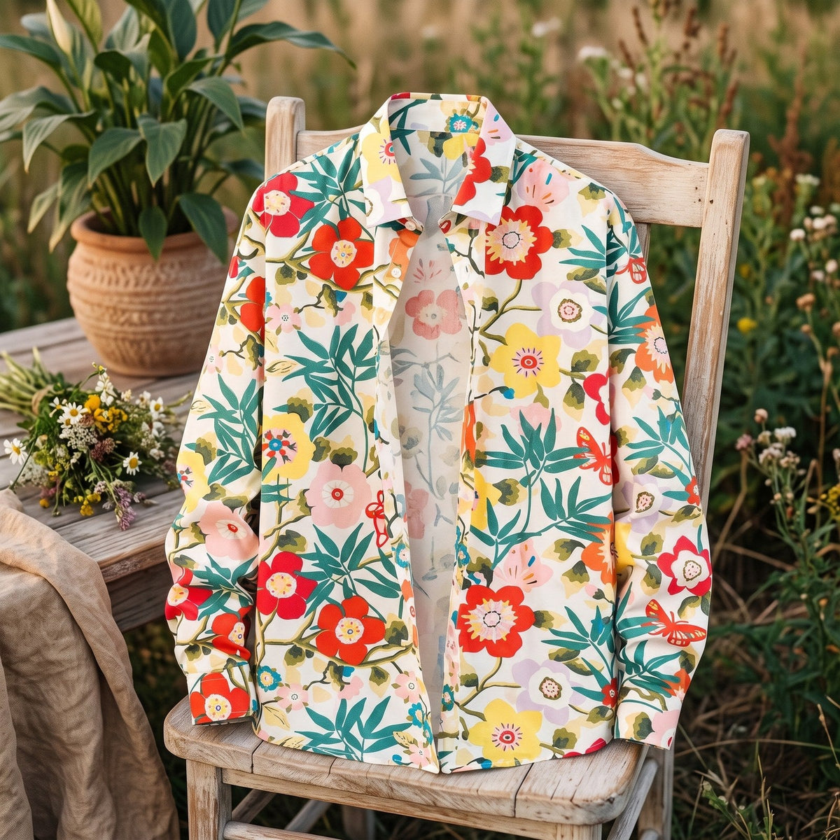 Floral hippie shirt draped over a wooden chair in boho decor