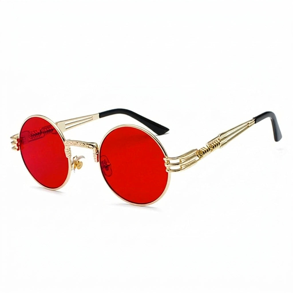 Round hippie sunglasses with red lenses and gold frame