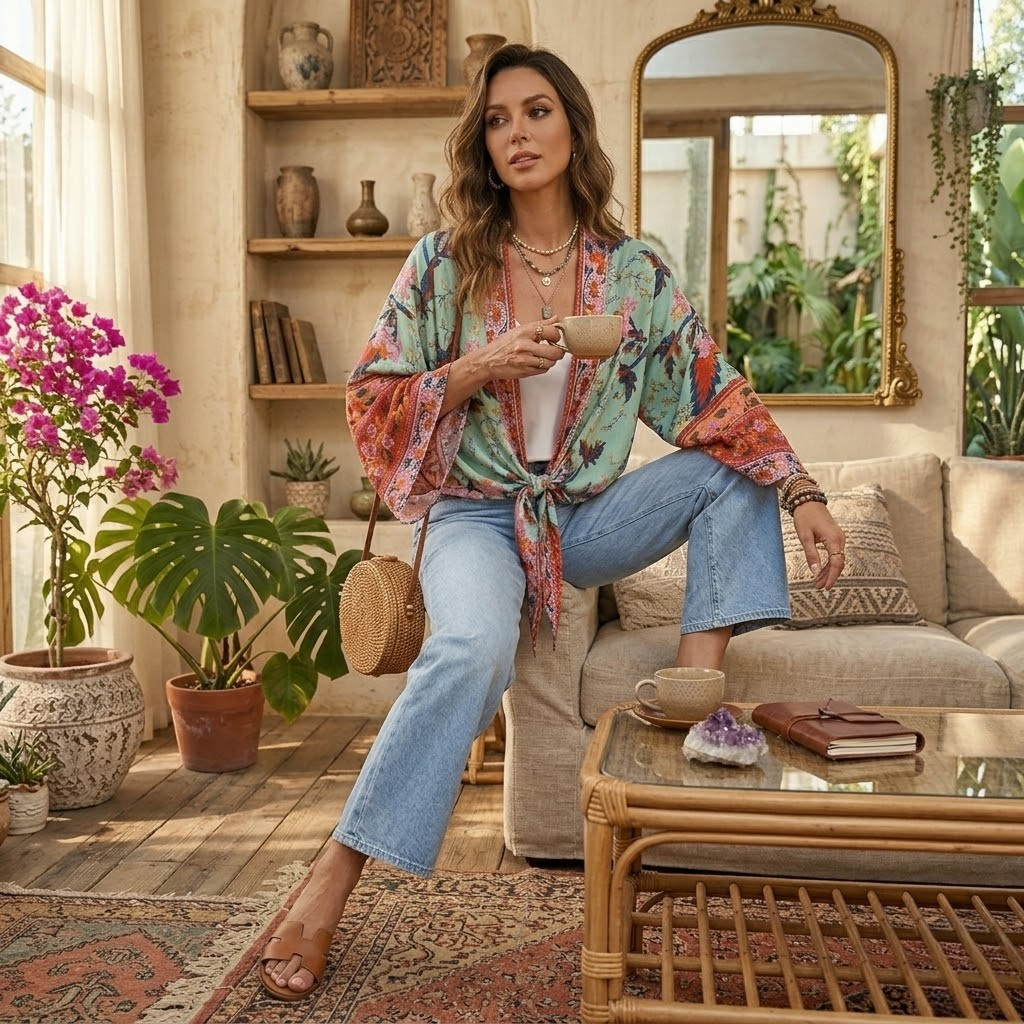 Cropped Tie-Front Boho Kimono