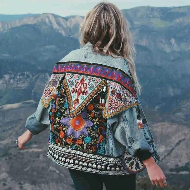 Floral Embroidered Denim Boho Jacket