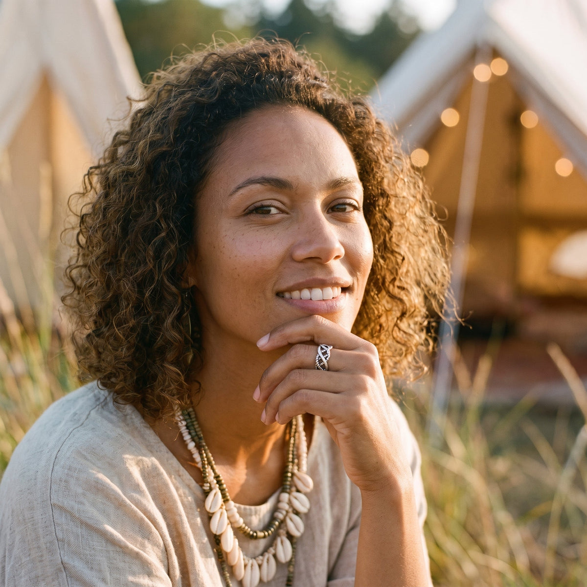 Smiling woman wearing the braided silver hippie ring