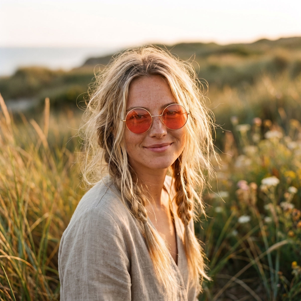 Runde Hippie Sonnenbrille mit Goldrahmen, von einem Model getragen